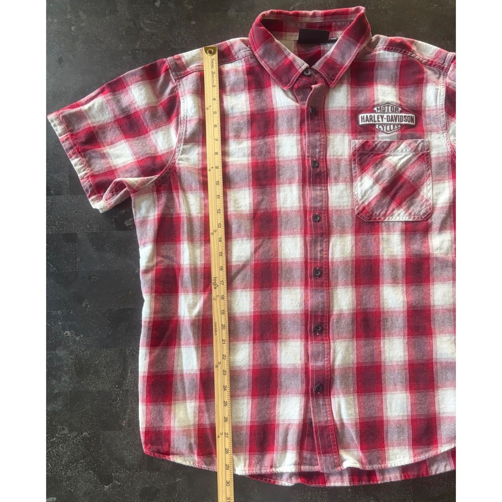 Harley-Davidson Mens 2XL Red White Plaid Flannel Shirt Short Sleeve Button Up - Picture 7 of 8